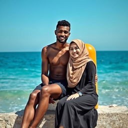 a brown, thin-bodied man sitting beside a woman wearing a hijab in front of the majestic sea, next to them, a bright sea buoy contrasts against the serene waters