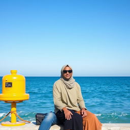 a brown, thin-bodied man sitting beside a woman wearing a hijab in front of the majestic sea, next to them, a bright sea buoy contrasts against the serene waters