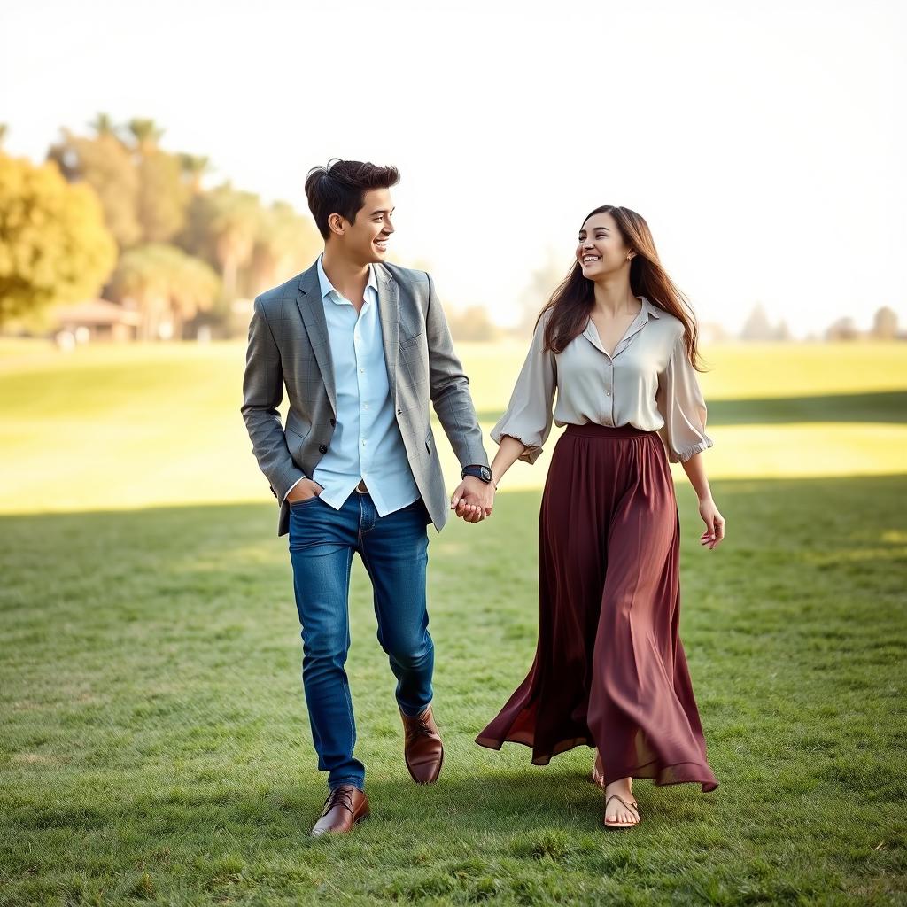 A young male and female college student pair strolling hand in hand across a beautiful open lawn, sharing a moment of laughter