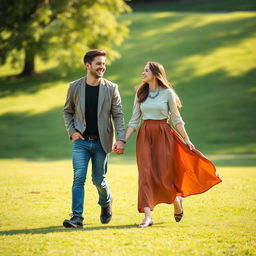 A young male and female college student pair strolling hand in hand across a beautiful open lawn, sharing a moment of laughter