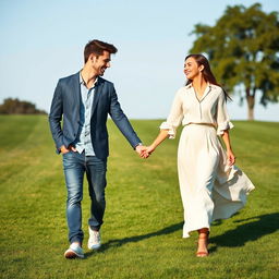 A young male and female college student pair strolling hand in hand across a beautiful open lawn, sharing a moment of laughter