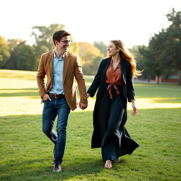 A young male and female college student pair strolling hand in hand across a beautiful open lawn, sharing a moment of laughter