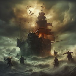 A captivating book cover displaying a ferocious pirate skirmish with elegant mermaids amidst a turbulent ocean setting beneath a tumultuous sky.