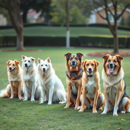 A group of well-behaved dogs sitting in a line, each showcasing excellent discipline and training