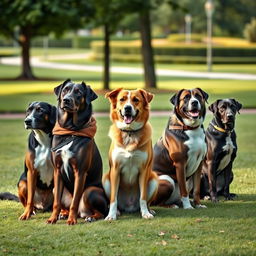 A group of well-behaved dogs sitting in a line, each showcasing excellent discipline and training