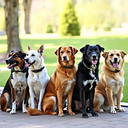 A group of well-behaved dogs sitting in a line, each showcasing excellent discipline and training