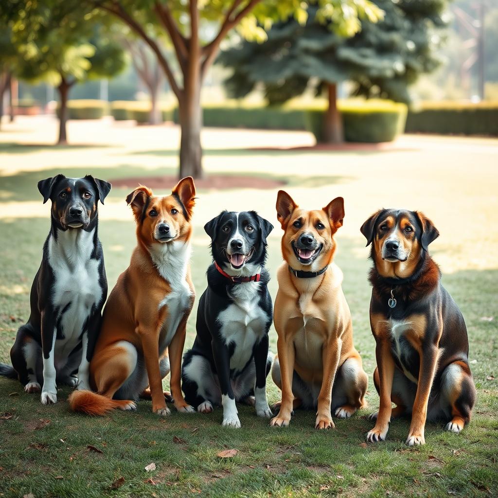 A group of well-behaved dogs sitting in a line, each showcasing excellent discipline and training