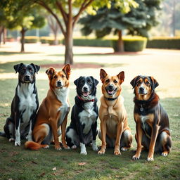 A group of well-behaved dogs sitting in a line, each showcasing excellent discipline and training