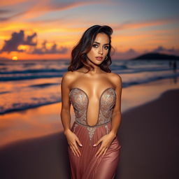 a stunning brunette with a curvy figure, sun-kissed skin, and captivating eyes, wearing a glamorous evening gown on a scenic beach at sunset, exuding elegance and confidence