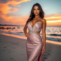 a stunning brunette with a curvy figure, sun-kissed skin, and captivating eyes, wearing a glamorous evening gown on a scenic beach at sunset, exuding elegance and confidence