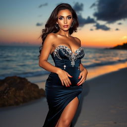 a stunning brunette with a curvy figure, sun-kissed skin, and captivating eyes, wearing a glamorous evening gown on a scenic beach at sunset, exuding elegance and confidence