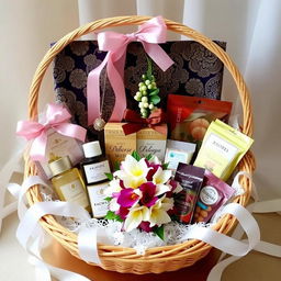 A beautifully arranged wedding gift hamper, elegantly decorated with ribbons and floral accents