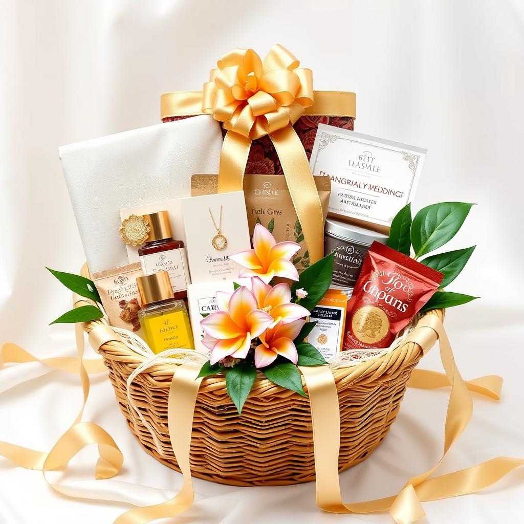 A beautifully arranged wedding gift hamper, elegantly decorated with ribbons and floral accents