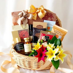 A beautifully arranged wedding gift hamper, elegantly decorated with ribbons and floral accents