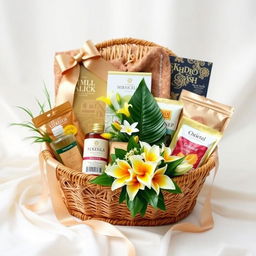 A beautifully arranged wedding gift hamper, elegantly decorated with ribbons and floral accents