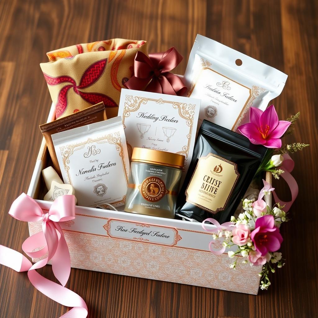 A beautifully designed wedding gift box filled with authentic Indonesian products, featuring the names of the Indonesian bride and groom elegantly inscribed on a custom label