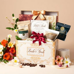 A beautifully designed wedding gift box filled with authentic Indonesian products, featuring the names of the Indonesian bride and groom elegantly inscribed on a custom label