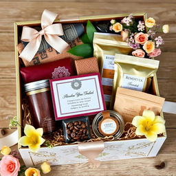 A beautifully designed wedding gift box filled with authentic Indonesian products, featuring the names of the Indonesian bride and groom elegantly inscribed on a custom label