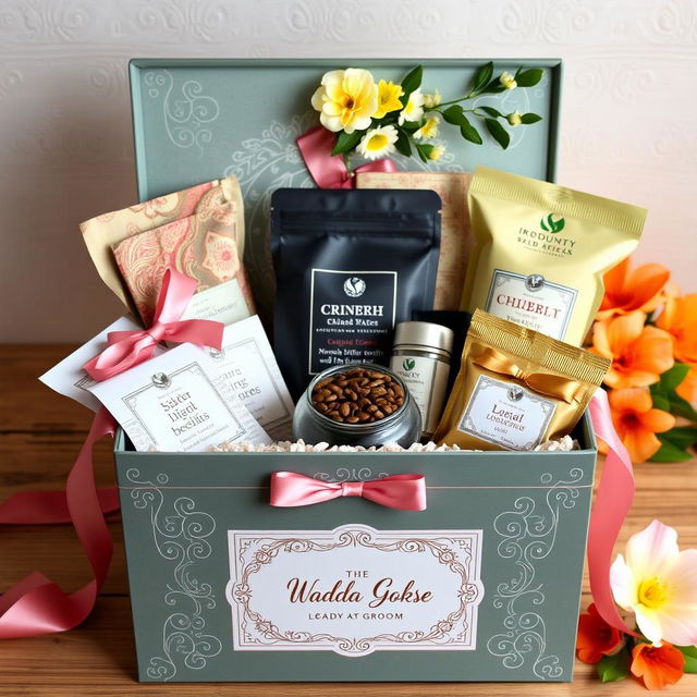 A beautifully designed wedding gift box filled with authentic Indonesian products, featuring the names of the Indonesian bride and groom elegantly inscribed on a custom label