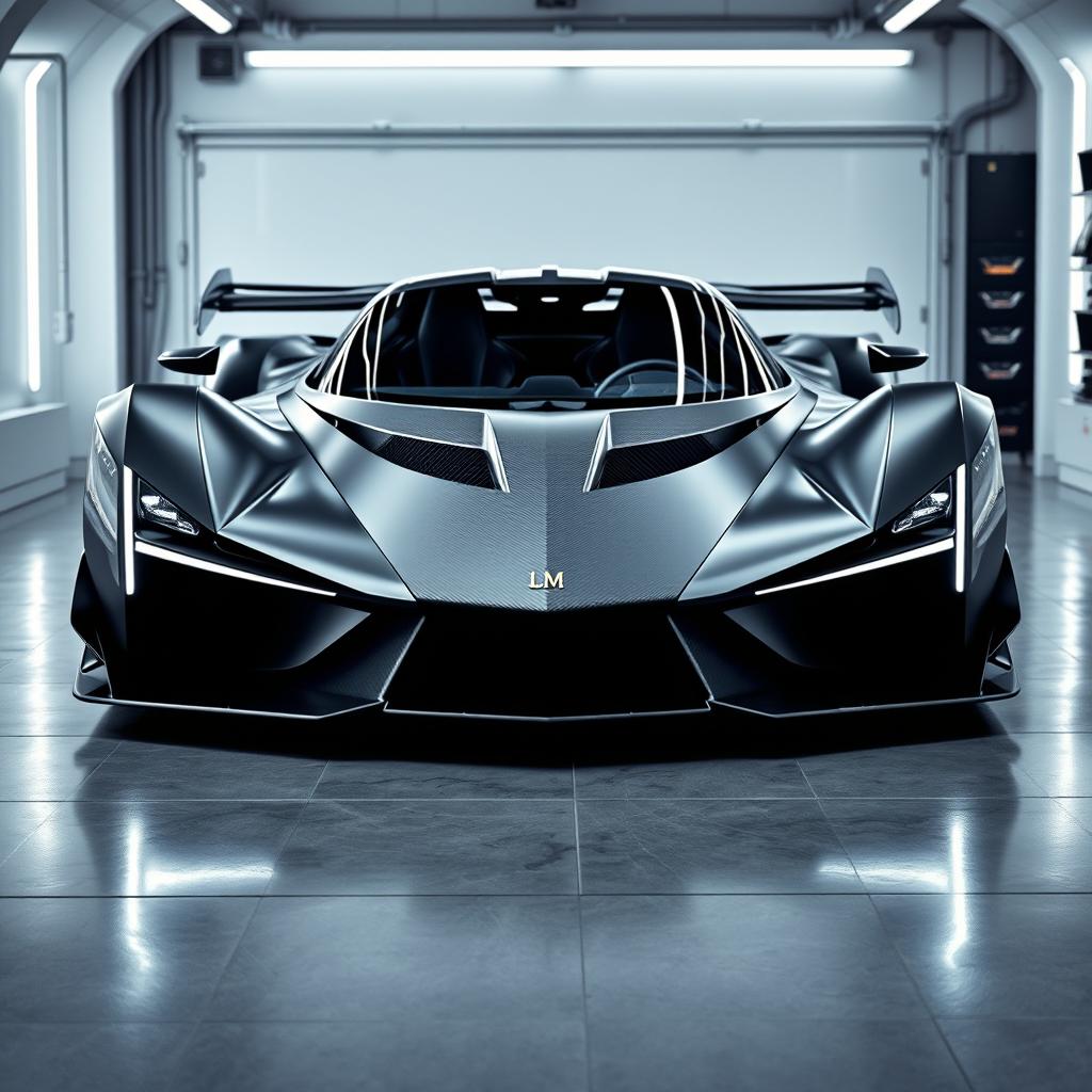 A futuristic hypercar named LM-Excalibur with sharp, sword-like lines, presented in a high-tech garage or racetrack environment