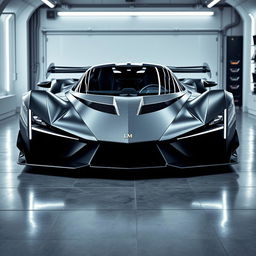 A futuristic hypercar named LM-Excalibur with sharp, sword-like lines, presented in a high-tech garage or racetrack environment