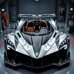 A futuristic hypercar named LM-Excalibur with sharp, sword-like lines, presented in a high-tech garage or racetrack environment