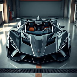 A futuristic hypercar named LM-Excalibur with sharp, sword-like lines, presented in a high-tech garage or racetrack environment