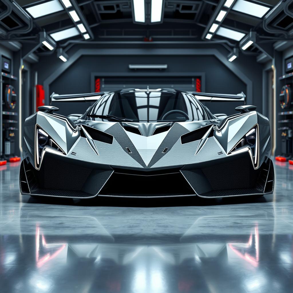 A futuristic hypercar named LM-Excalibur with sharp, sword-like lines, presented in a high-tech garage or racetrack environment