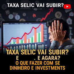 A dramatic thumbnail for a YouTube video titled "TAXA SELIC VAI SUBIR! E AGORA? O QUE FAZER COM SEU DINHEIRO E INVESTIMENTOS"