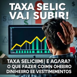 A dramatic thumbnail for a YouTube video titled "TAXA SELIC VAI SUBIR! E AGORA? O QUE FAZER COM SEU DINHEIRO E INVESTIMENTOS"