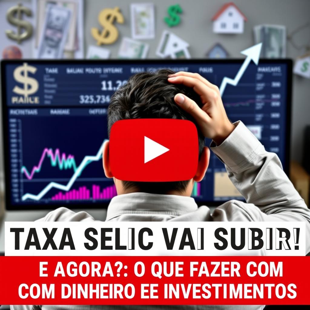 A dramatic thumbnail for a YouTube video titled "TAXA SELIC VAI SUBIR! E AGORA? O QUE FAZER COM SEU DINHEIRO E INVESTIMENTOS"