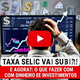 A dramatic thumbnail for a YouTube video titled "TAXA SELIC VAI SUBIR! E AGORA? O QUE FAZER COM SEU DINHEIRO E INVESTIMENTOS"