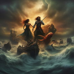 A captivating book cover displaying a ferocious pirate skirmish with elegant mermaids amidst a turbulent ocean setting beneath a tumultuous sky.