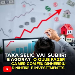 A dramatic thumbnail for a YouTube video titled "TAXA SELIC VAI SUBIR! E AGORA? O QUE FAZER COM SEU DINHEIRO E INVESTIMENTOS"