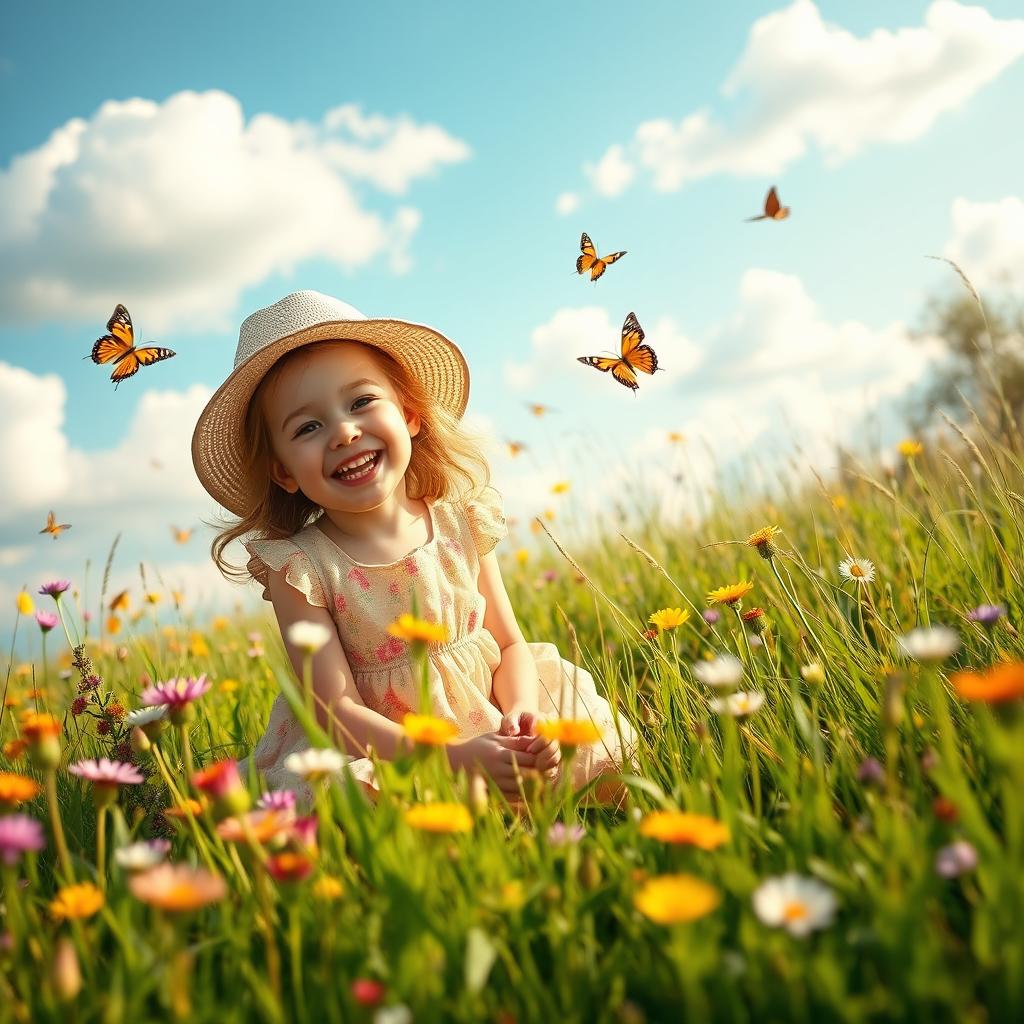 A young girl playing joyfully in a sunlit meadow, filled with colorful wildflowers and butterflies fluttering around