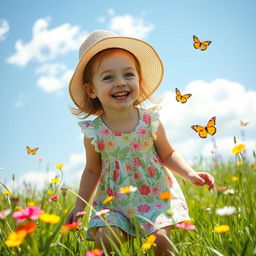 A young girl playing joyfully in a sunlit meadow, filled with colorful wildflowers and butterflies fluttering around