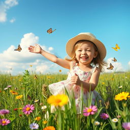 A young girl playing joyfully in a sunlit meadow, filled with colorful wildflowers and butterflies fluttering around