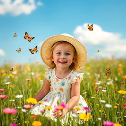 A young girl playing joyfully in a sunlit meadow, filled with colorful wildflowers and butterflies fluttering around