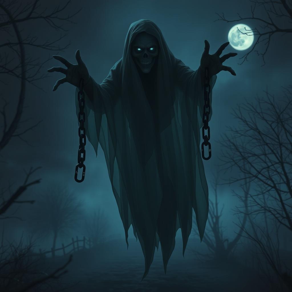 A menacing ghost with a few floating chains, hovering in a dark, misty environment