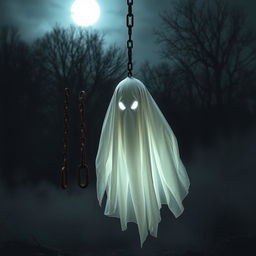 A menacing ghost with a few floating chains, hovering in a dark, misty environment