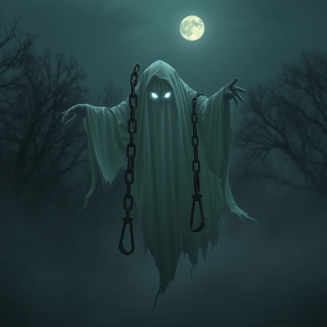 A menacing ghost with a few floating chains, hovering in a dark, misty environment