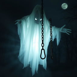 A menacing ghost with a few floating chains, hovering in a dark, misty environment