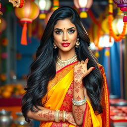 A beautiful Indian woman with long flowing hair and captivating eyes, dressed elegantly in traditional Indian attire, such as a vibrant saree with intricate designs