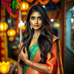 A beautiful Indian woman with long flowing hair and captivating eyes, dressed elegantly in traditional Indian attire, such as a vibrant saree with intricate designs