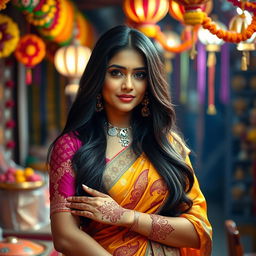 A beautiful Indian woman with long flowing hair and captivating eyes, dressed elegantly in traditional Indian attire, such as a vibrant saree with intricate designs