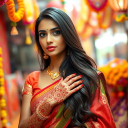 A beautiful Indian woman with long flowing hair and captivating eyes, dressed elegantly in traditional Indian attire, such as a vibrant saree with intricate designs