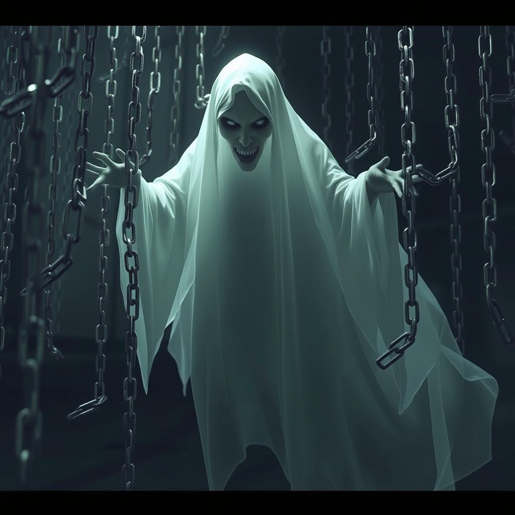 A realistic ghost with a translucent, ethereal appearance, surrounded by a multitude of floating chains that clink and rattle