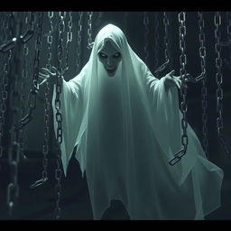 A realistic ghost with a translucent, ethereal appearance, surrounded by a multitude of floating chains that clink and rattle