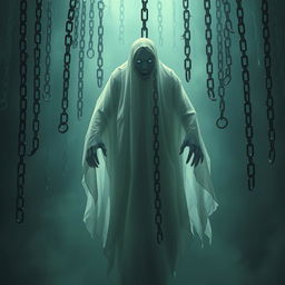 A realistic ghost with a translucent, ethereal appearance, surrounded by a multitude of floating chains that clink and rattle