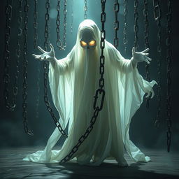 A realistic ghost with a translucent, ethereal appearance, surrounded by a multitude of floating chains that clink and rattle